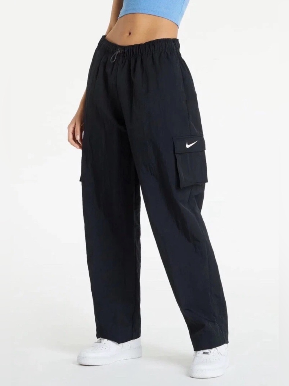 Nike Black Nylon Wide Leg Cargo Pants Drawstring Swoosh  Medium